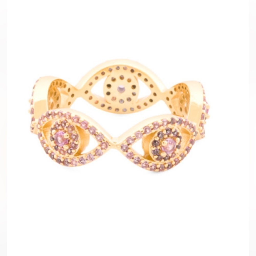 Kurt Geiger London Pink Pave Crystals Evil Eye Ring Gold Tone Size 7 and 9